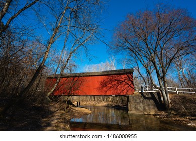 Jefferson, Missouri - March 24 2019: The Historic Sandy Creek Covered Bridge, First Built 1886, Over A Small River.