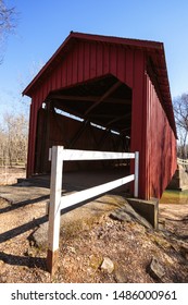 Jefferson, Missouri - March 24 2019: The Back Entrance To The Historic Sandy Creek Covered Bridge, First Built 1886.