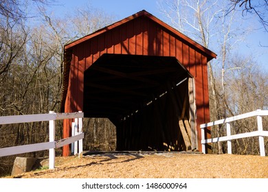 Jefferson, Missouri - March 24 2019: The Road Through The Historic Sandy Creek Covered Bridge, First Built 1886. Black And White.