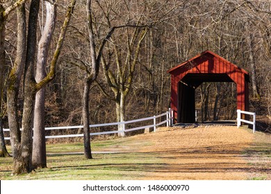 Jefferson, Missouri - March 24 2019: The Historic Sandy Creek Covered Bridge, First Built 1886.