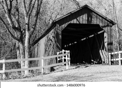 Jefferson, Missouri - March 24 2019: The Entrance To The Historic Sandy Creek Covered Bridge, First Built 1886. Black And White. 