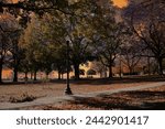 Jefferson Park, Richmond Virginia. Historic park with changing and falling leaves, piles of mulch, street  road signs, J. Fulmar Bright Monument, and views of City of Richmond, Va. 