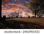 Jefferson Park, Richmond Virginia. Historic park with changing and falling leaves, piles of mulch, street  road signs, J. Fulmar Bright Monument, and views of City of Richmond, Va. 