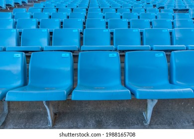 JEJU, KOREA, NOVEMBER 13, 2019: Blue Seats At A Football Stadium