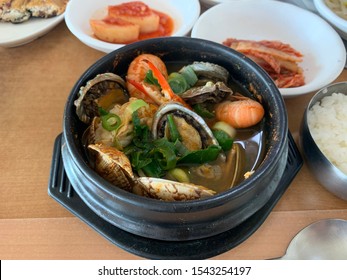 Jeju Seafood Soup. Korean Food With Scorpion, Shellfish, And Abalone.