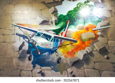 JEJU, SOUTH KOREA - NOV 29, 2015 : Photo of 3D Wall Painting of Falling Airplane drove out of stone brick wall