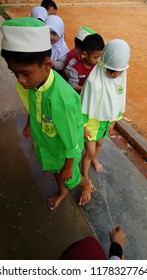 JELEBU, MALAYSIA - Sept 7, 2018 :PASTI kindergarten kids washing hand with water and antibacterial soap to prevent from flu virus, the kids washing their hands with soap and water several times a day.