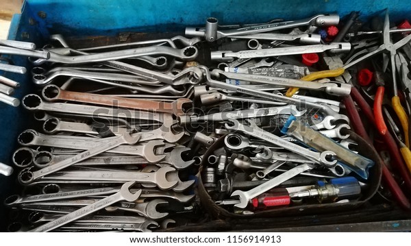 JELEBU,MALAYSIA-JULY 23,2018: various size of\
professional wrench at local car workshop \

