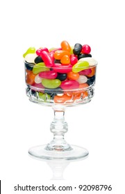 Jelly Bean Sugar Candy Snack In Stylish Crystal Glass Bowl Isolated On White