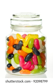 Jelly Bean Sugar Candy Snack In Stylish Glass Jar  Isolated On White