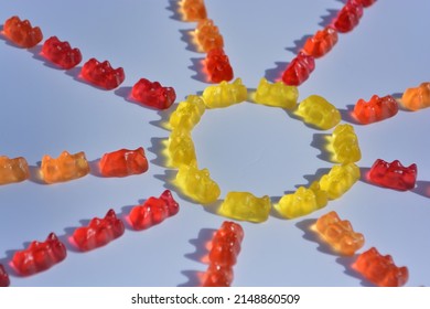 Jelly Bean.Confiture.Marmalade Bear.Sugar.Pleasure. Marmalade Bears On A White Background In The Shape Of A Sun