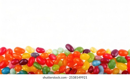 Jelly beans are small bean shaped sugar candies with soft candy shells and thick gel interiors. The confection is primarily made of sugar and sold in a wide variety of colors and flavors, isolated  - Powered by Shutterstock