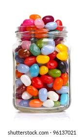 Jelly beans sugar candy snack in a jar isolated on white