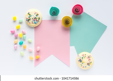 Jelly Beans, Sugar Cookies with Sprinkles, Blank Pastel Banners on White Table - Powered by Shutterstock