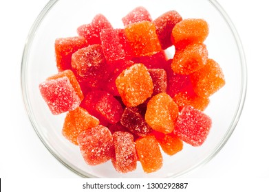 Jelly Candies Vitamins In A Glass Vase On A White Background.