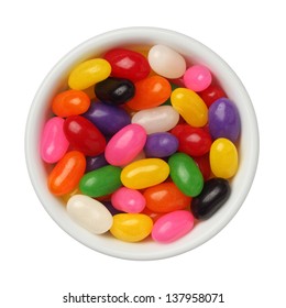 Jellybeans In A Bowl Isolated On White Background, Close Up