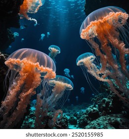 Jellyfish drift gracefully through the dark shadows of towering coral reefs, their soft, ethereal glow contrasting with the mysterious, dimly lit ocean floor beneath them.
