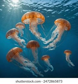 
Jellyfish, like translucent dancers, gracefully float through the ocean's depths. Their delicate bodies undulate with the gentle currents, while their trailing tentacles create an otherworldly aura.  - Powered by Shutterstock