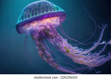 a jellyfish and purple body   blue tentacles is swimming in the water and blue background   blue sky   