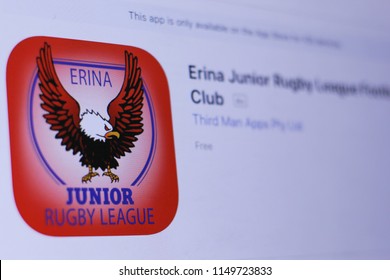 JEMBER, EAST JAVA, INDONESIA, August 05, 2018. Erina Junior Rugby League Football Club  App In Play Store. Close-up On The Laptop Screen.