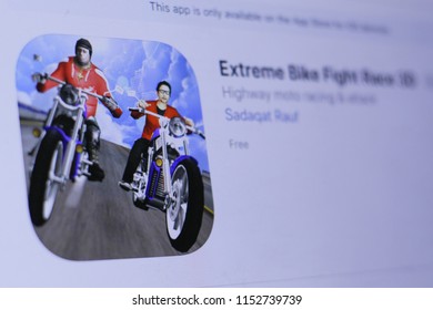 JEMBER, EAST JAVA, INDONESIA, August 09, 2018. Extreme Bike Fight Race 3D App In Play Store. Close-up On The Laptop Screen.