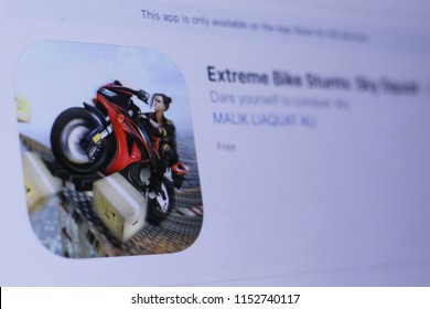 JEMBER, EAST JAVA, INDONESIA, August 09, 2018. Extreme Bike Stunts- Sky Squad App In Play Store. Close-up On The Laptop Screen.