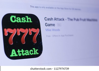 JEMBER, EAST JAVA, INDONESIA, JULY 06, 2018. Cash Attack - The Pub Fruit Machine Game App In Play Store. Close-up On The Laptop Screen.