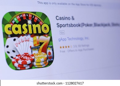 JEMBER, EAST JAVA, INDONESIA, JULY 06, 2018. Casino & Sportsbook(Poker,Blackjack,Slots,Craps) App In Play Store. Close-up On The Laptop Screen.