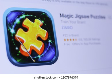 JEMBER, EAST JAVA, INDONESIA, JUNE 07, 2018. Magic Jigsaw Puzzles app in play store. close-up on the laptop screen.