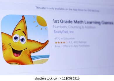 JEMBER, EAST JAVA, INDONESIA, JUNE 11, 2018. 1st Grade Math Learning Games App In Play Store. Close-up On The Laptop Screen.