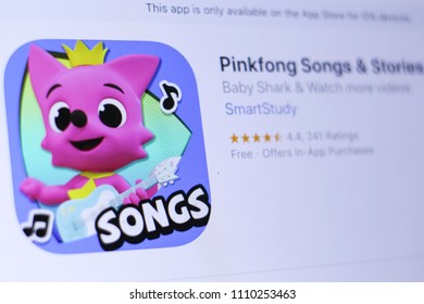 JEMBER, EAST JAVA, INDONESIA, JUNE 11, 2018. Pinkfong Songs & Stories App In Play Store. Close-up On The Laptop Screen.