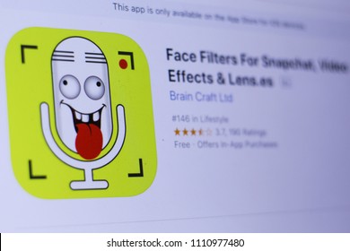 JEMBER, EAST JAVA, INDONESIA, JUNE 12, 2018. Face Filters For Snapchat, Video Effects & Lens.es App In Play Store. Close-up On The Laptop Screen.