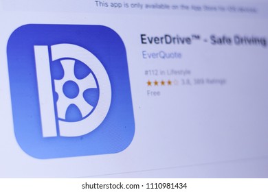 JEMBER, EAST JAVA, INDONESIA, JUNE 12, 2018. EverDrive™ - Safe Driving App In Play Store. Close-up On The Laptop Screen.