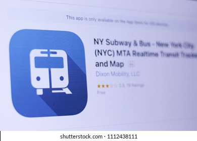 JEMBER, EAST JAVA, INDONESIA, JUNE 13, 2018. NY Subway & Bus - New York City (NYC) MTA Realtime Transit Tracker And Map App In App Store. Close-up On The Laptop Screen.