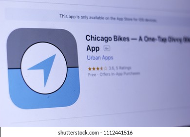 JEMBER, EAST JAVA, INDONESIA, JUNE 13, 2018. Chicago Bikes — A One-Tap Divvy Bike App  App In App Store. Close-up On The Laptop Screen.