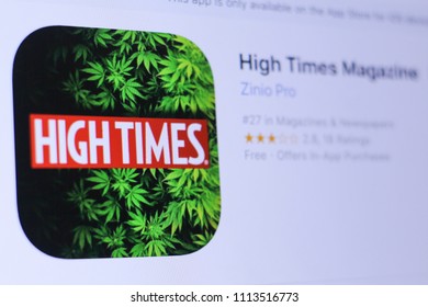 JEMBER, EAST JAVA, INDONESIA, JUNE 14, 2018. High Times Magazine app in play store. close-up on the laptop screen.