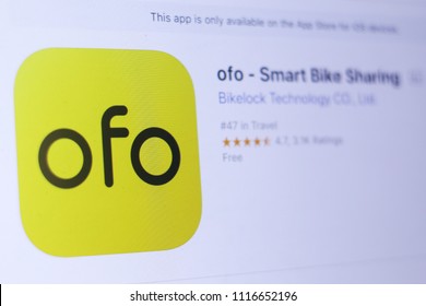 JEMBER, EAST JAVA, INDONESIA, JUNE 19, 2018. Ofo - Smart Bike Sharing App In Play Store. Close-up On The Laptop Screen.