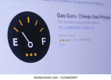 JEMBER, EAST JAVA, INDONESIA, JUNE 19, 2018. Gas Guru Cheap Gas Prices App In Play Store. Close-up On The Laptop Screen.