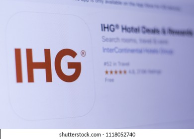 JEMBER, EAST JAVA, INDONESIA, JUNE 19, 2018. IHG® Hotel Deals & Rewards App In Play Store. Close-up On The Laptop Screen.