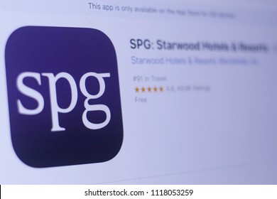 JEMBER, EAST JAVA, INDONESIA, JUNE 19, 2018. SPG Starwood Hotels & Resorts App In Play Store. Close-up On The Laptop Screen.