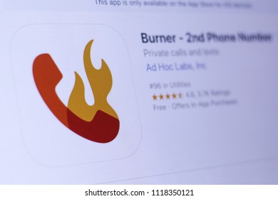 JEMBER, EAST JAVA, INDONESIA, JUNE 22, 2018. Burner - 2nd Phone Number App In Play Store. Close-up On The Laptop Screen.