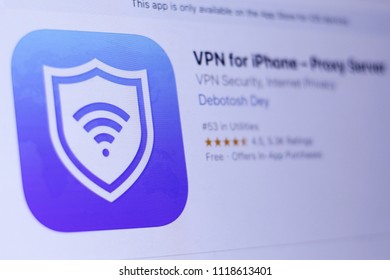 JEMBER, EAST JAVA, INDONESIA, JUNE 22, 2018. VPN For IPhone – Proxy Server App In Play Store. Close-up On The Laptop Screen.