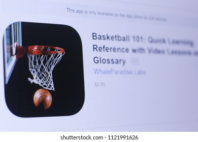 JEMBER, EAST JAVA, INDONESIA, JUNE 27, 2018. Basketball 101 Quick Learning Reference With Video Lessons And Glossary  App In Play Store. Close-up On The Laptop Screen.