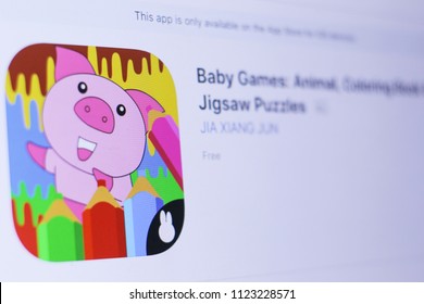 JEMBER, EAST JAVA, INDONESIA, JUNE 28, 2018. Baby Games Animal, Coloring Book & Jigsaw Puzzles  app in play store. close-up on the laptop screen.