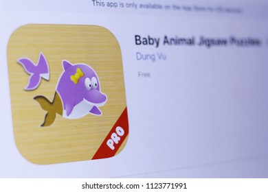 JEMBER, EAST JAVA, INDONESIA, JUNE 29, 2018. Baby Animal Jigsaw Puzzles app in play store. close-up on the laptop screen.