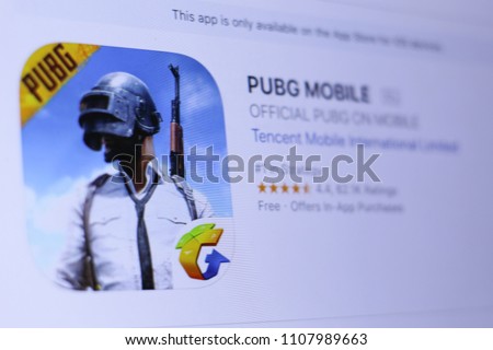 JEMBER, EAST JAVA, INDONESIA, JUNE 07, 2018. PUBG MOBILE app in play store. close-up on the laptop screen.