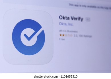 JEMBER, EAST JAVA, INDONESIA, MAY 30, 2018. Okta Verify app in App Store. Close-up on the laptop screen.