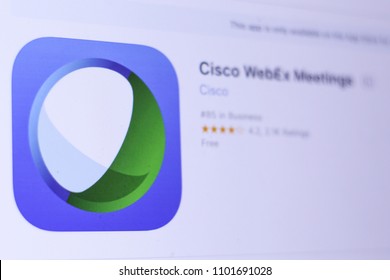 JEMBER, EAST JAVA, INDONESIA, MAY 30, 2018. Cisco WebEx  Meetings app in App Store. Close-up on the laptop screen.