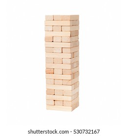 Jenga Isolated On White Background, Stack Of Wooden Bricks. Blocks Wood Game