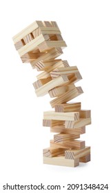 Jenga tower made of wooden blocks falling on white background - Shutterstock ID 2091348424
